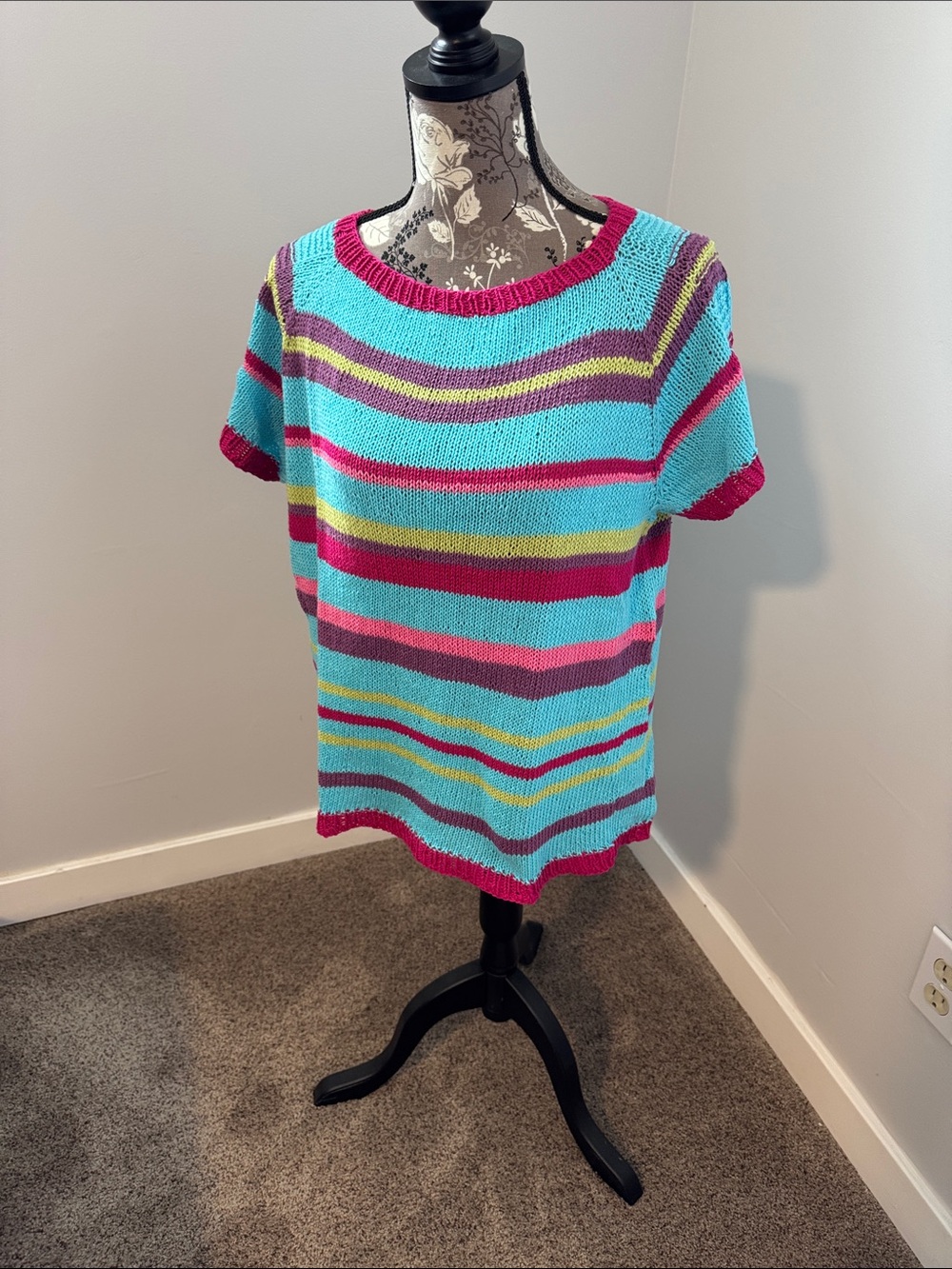 Striped Short-Sleeve Crewneck Sweater in Turquoise & Pink